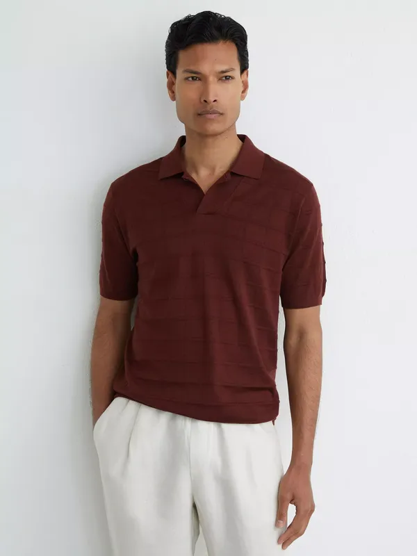 Reiss Serval Check Texture Wool Blend Short Sleeve Polo Jumper, Bordeaux