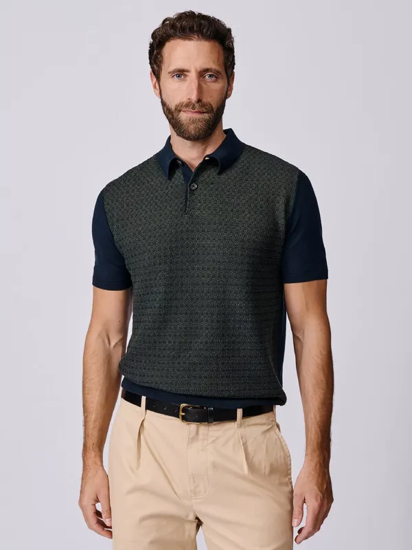 Aubin Coleridge Textured Front Cotton Knit Short Sleeve Polo Shirt, Navy/Green