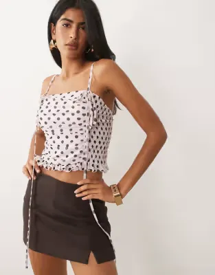 shirred mesh lace trim cami in pink and brown polka dot