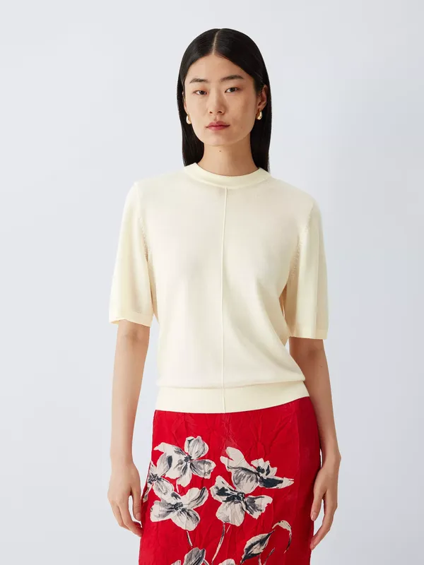 John Lewis Merino Wool Short Sleeve Top, Ecru