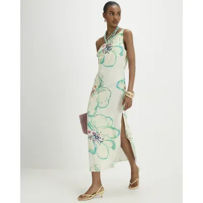 Green Linen Blend Asymmetric Midi Dress