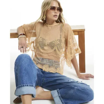 Orange Embroidered Scallop Hem Sheer Top