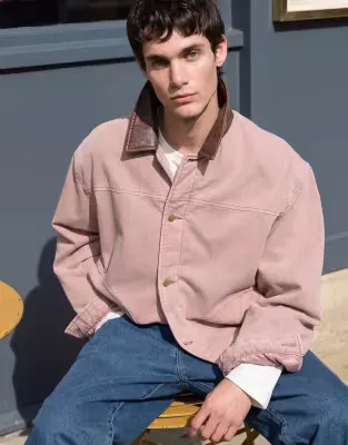 washed workwear jacket with contrast collar in pink