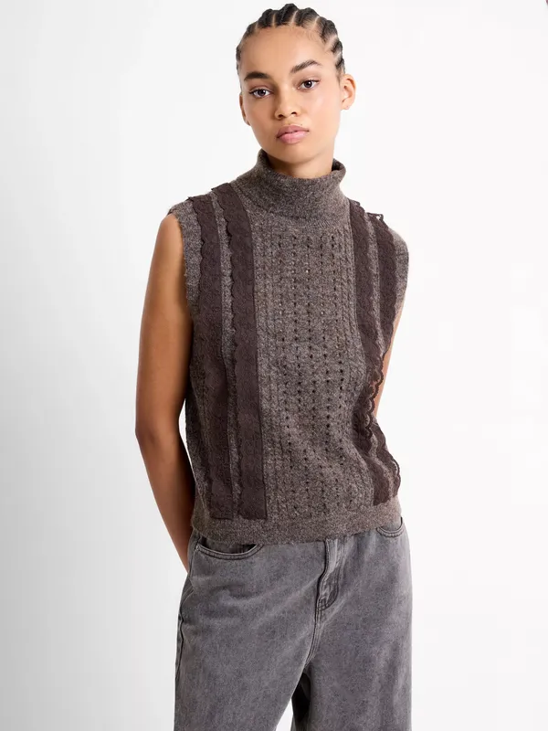 French Connection Kezia Lace Trim Sleeveless Jumper, Brown/Multi