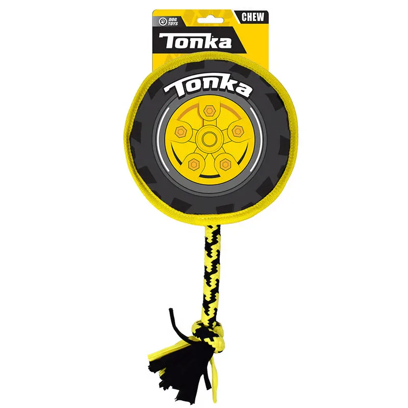 Tonka Tyre Ring With Rope Squeak & Crinkle Dog Toy 8"