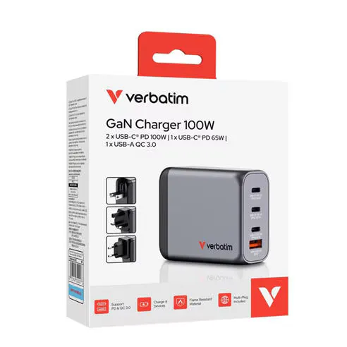 Verbatim 100W 4-Port GaN Wall Charger 2 x USB-C® PD 100W / 1 x USB-C® PD 65W / 1 x USB-A QC 3.0 (EU/UK/US)