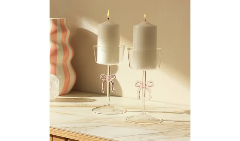 Argos Home Glass Bow Pillar Candle Holder - Set of 2