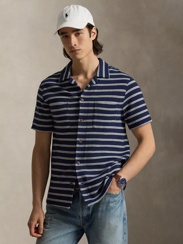 Ralph Lauren Button Through Stripe Short Sleeve Cotton Blend Shirt, Npt Navy/Pale Cream
