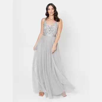 Maya Deluxe Maya Soft Grey Sleeveless Stripe Embellished Maxi Dress