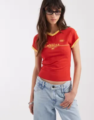v neck baby tee with sports graphic in red