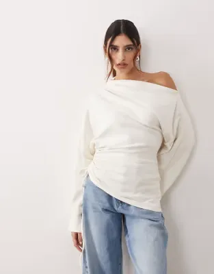 jersey off shoulder long sleeve top with ruched hem in white