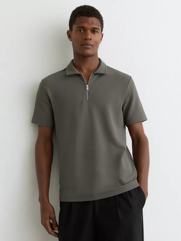 Reiss Forno Half Zip Textured Polo Shirt, Sage