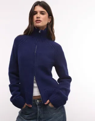 wool blend hairy knit zip through cardigan in navy melange
