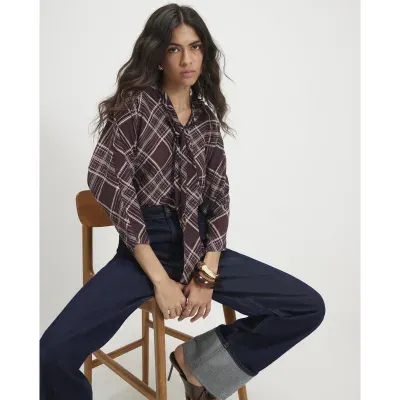 Purple Check Print Pussybow Blouse