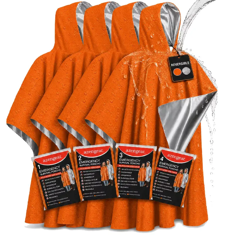 AZENGEAR Emergency Survival Reversible Foil Poncho: Rain, Festivals, Hiking (Orange, 4pc)