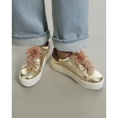 Gold Pom Lace up Flatform Trainers