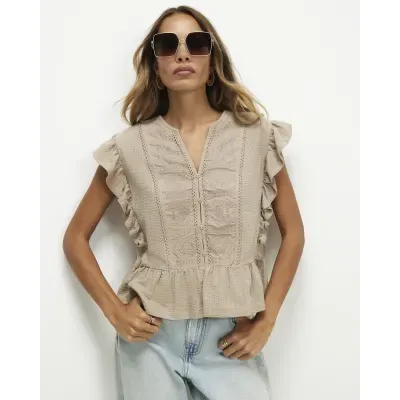 Beige Cotton Jersey Button Up Blouse