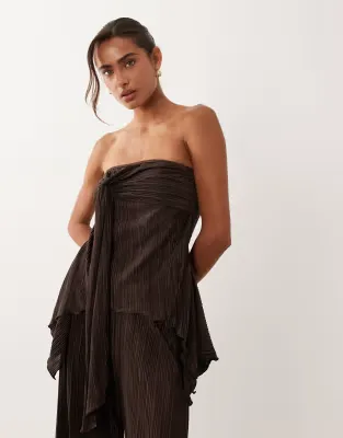co-ord plisse twist bust bandeau top in brown