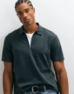 breatheMAX heavyweight zip polo in dark green cotton blend