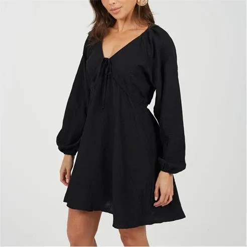 Brave Soul Womens V-neck Long Puff Sleeve Mini Dress
