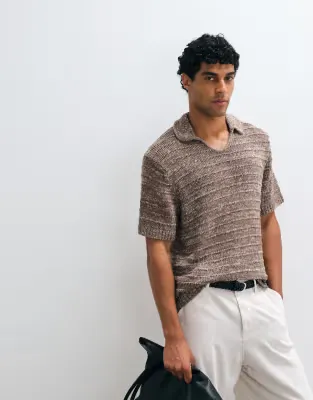 knitted short sleeve polo top in brown