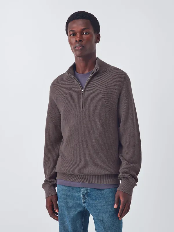 John Lewis Cotton Blend with Cashmere Half Zip Rib Knit High Neck Jumper