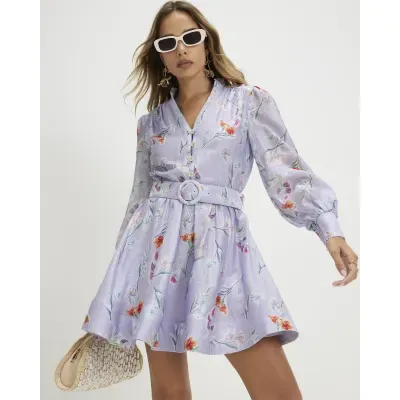 Purple Linen Blend Floral Shirt Dress