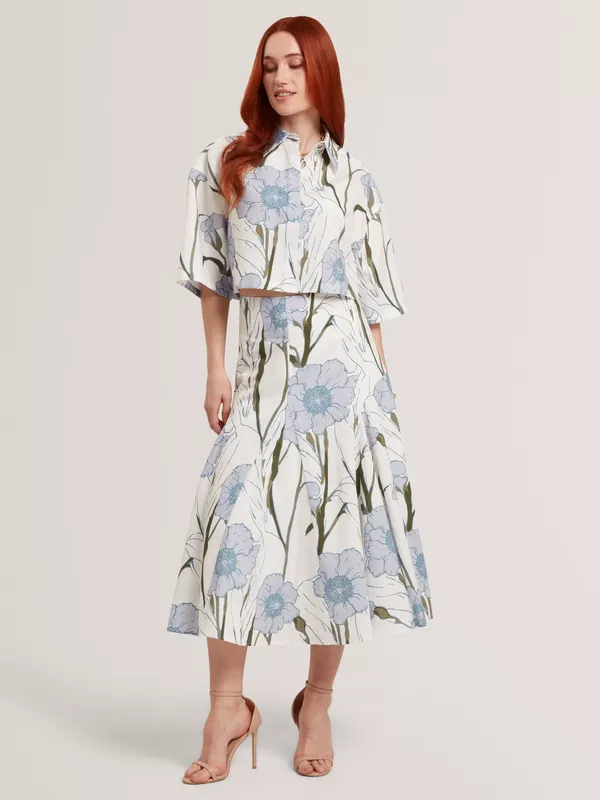 Ted Baker Chanla Floral Print Linen Cotton Blend Midi Skirt, White/Blue/Green