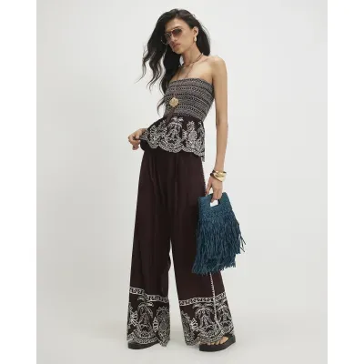 Brown Cotton Embroidered Hem Trousers