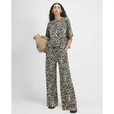 Brown Premium Leopard Print Wide Leg Joggers