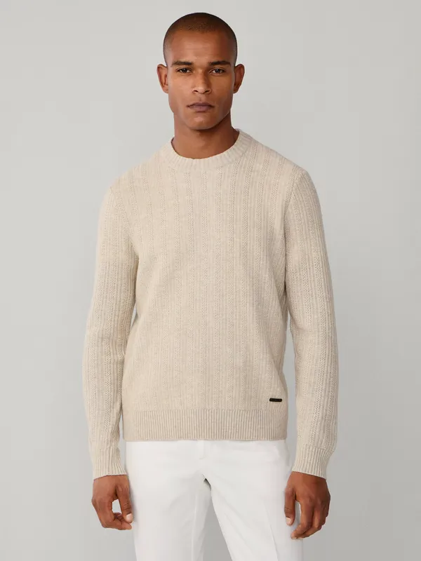 Hackett London Merino Wool Blend with Cashmere Textured Crew Neck Jumper, Concrete Beige