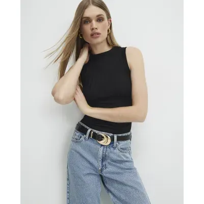 Black Cotton Blend Wide Ribbed Tank Top