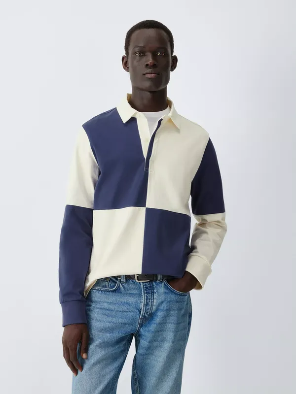 John Lewis Colour Block Cotton Rugby Shirt, Blue Rib/Egret