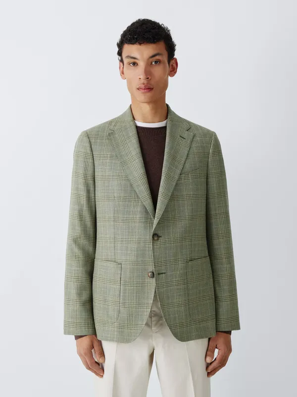 John Lewis Prince of Wales Check Wool Blend Regular Fit Blazer, Green Check