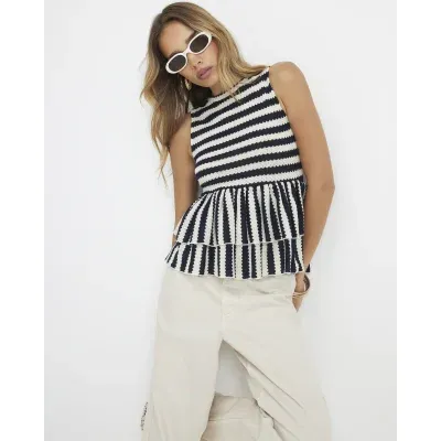Navy Stripe Textured Peplum Top