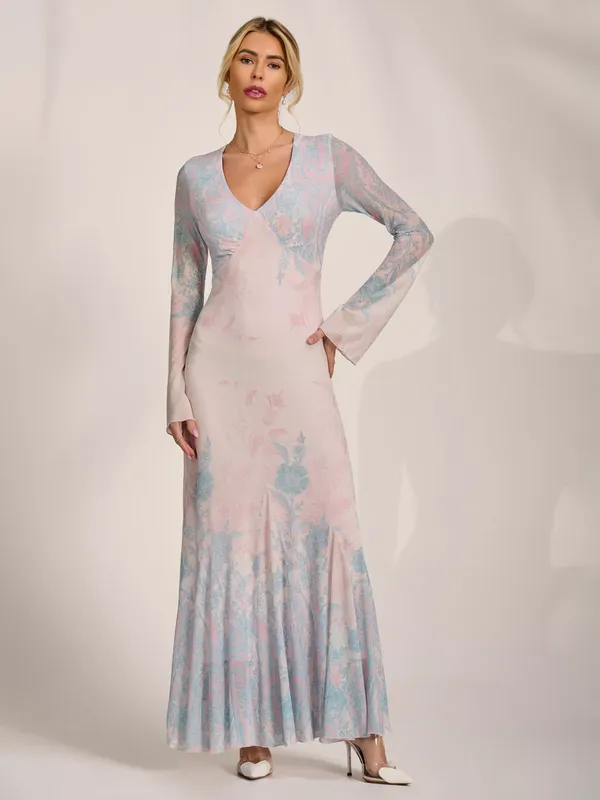 Jolie Moi Godet Mesh Maxi Dress, Blue/Multi