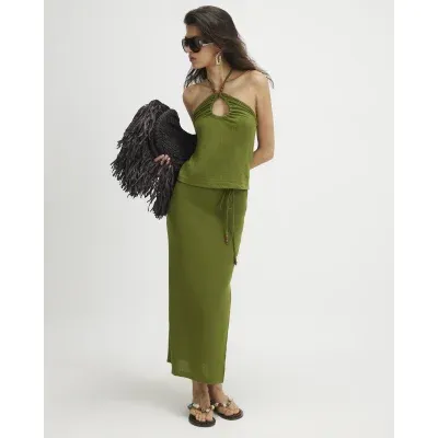 Green Beaded Midi Skirt