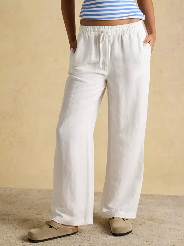 Joules Relaxed Wide Leg Linen Blend Trousers, White