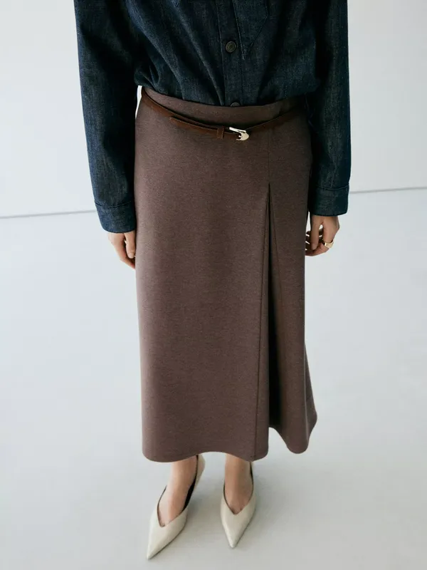 Mango High Waisted Midi Skirt, Brown