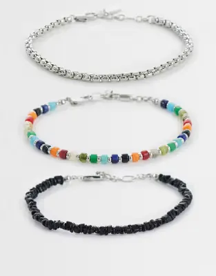 3 pack chipping beaded and chain bracelet in multi