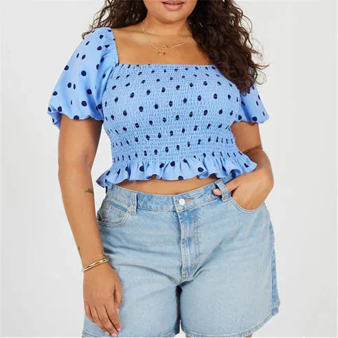 Brave Soul Brave Plus-Size Shirred Bust Polka Dot Top with Puff Sleeves