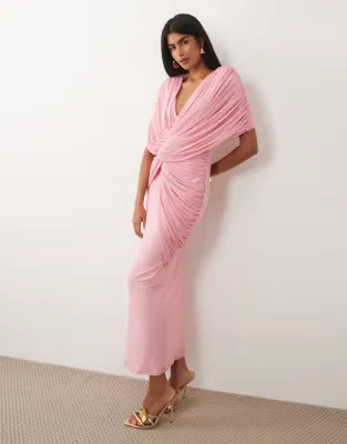 twist plunge cape maxi dress in baby pink