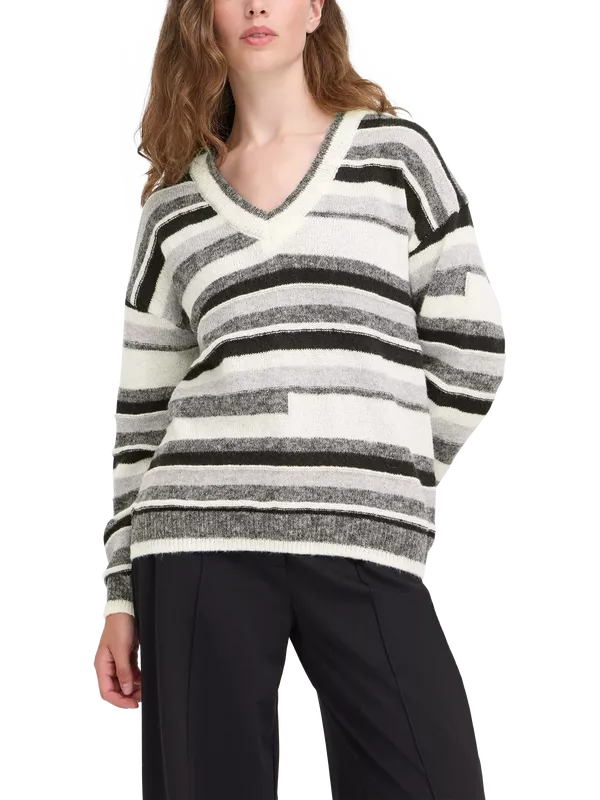 ICHI Astra V-Neck Stripe Jumper, Grey/Multi