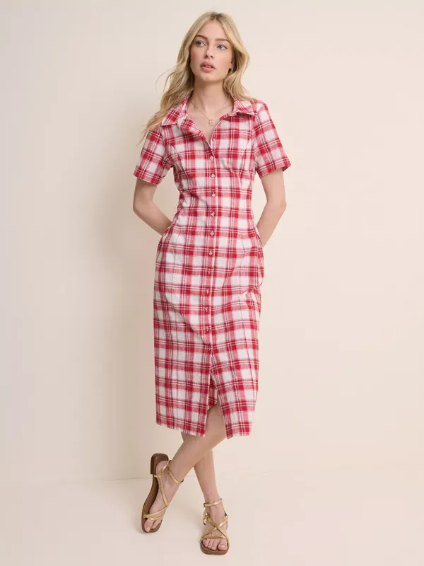 Nobody's Child Alexandria Check Cotton Column Midi Shirt Dress, Red/White