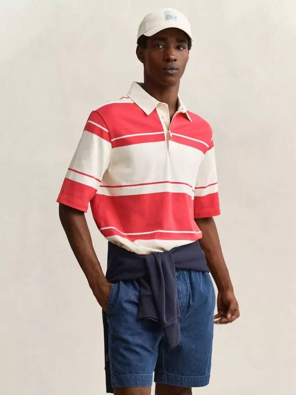 GANT Cotton Stripe Short Sleeve Rugby Top, Rose Red