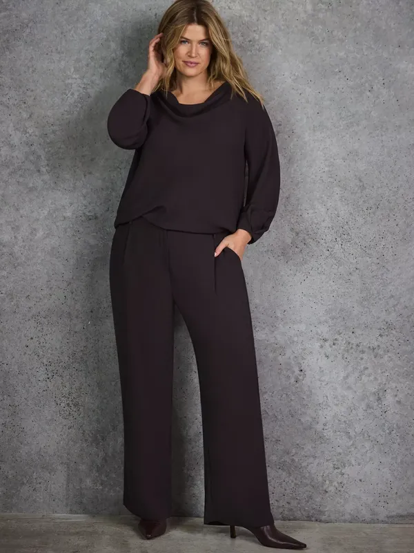 Live Unlimited Curve Petite Button Detail Wide Leg Trousers, Brown
