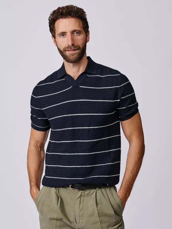 Aubin Alford Textured Striped Cotton Knit Short Sleeve Polo Shirt, Navy/Ecru