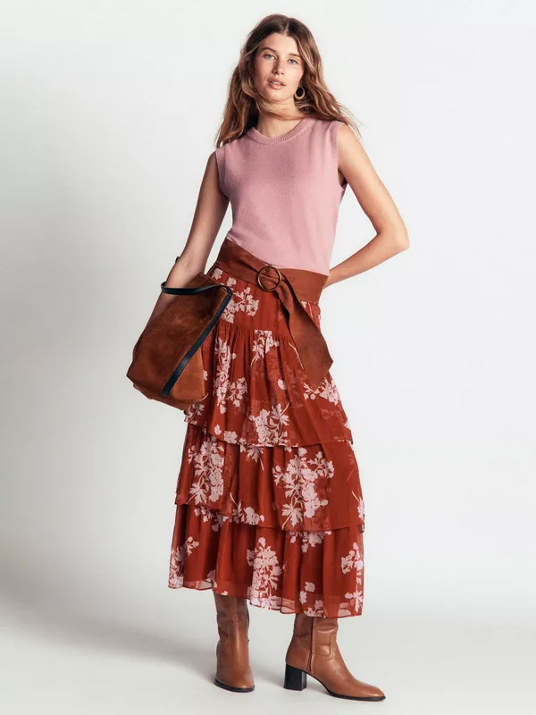 Boden Tiered Ruffle Midi Skirt, Arabian Spice Bunch