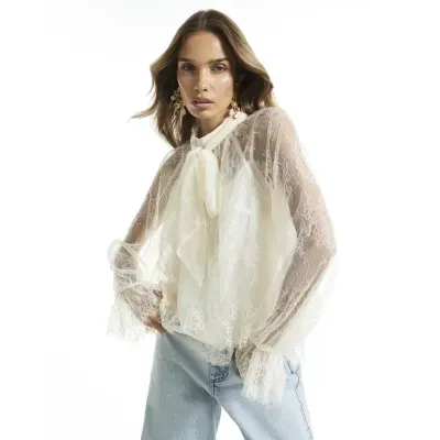 Cream Lace Pussybow Blouse