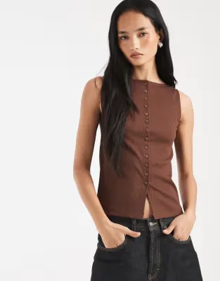 boat neck button through tank top in brown